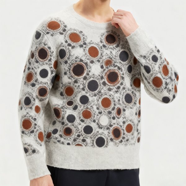 Men's Light Grey Crew Neck Sweater with Polka Dot Pattern