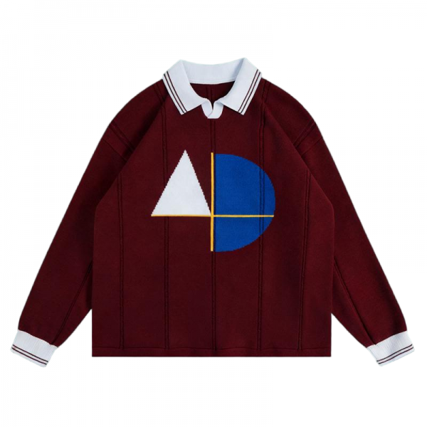 Women's Burgundy Polo Collar Sweater - "FEEL" Embroidered Graphic