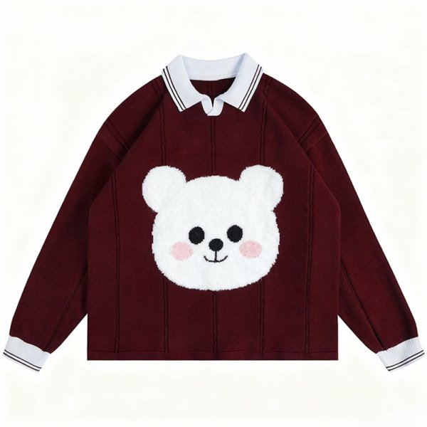 Women's Burgundy Polo Collar Sweater - "GLOW" Embroidered Graphic