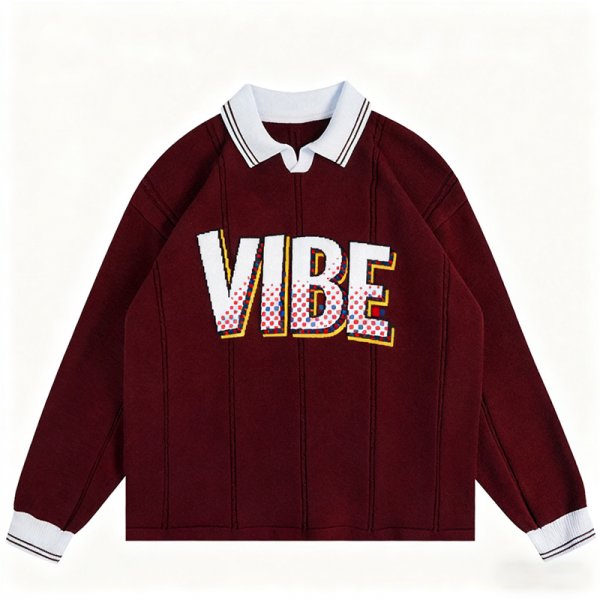 Women's Burgundy Polo Collar Sweater - "LIGHT" Embroidered Graphic