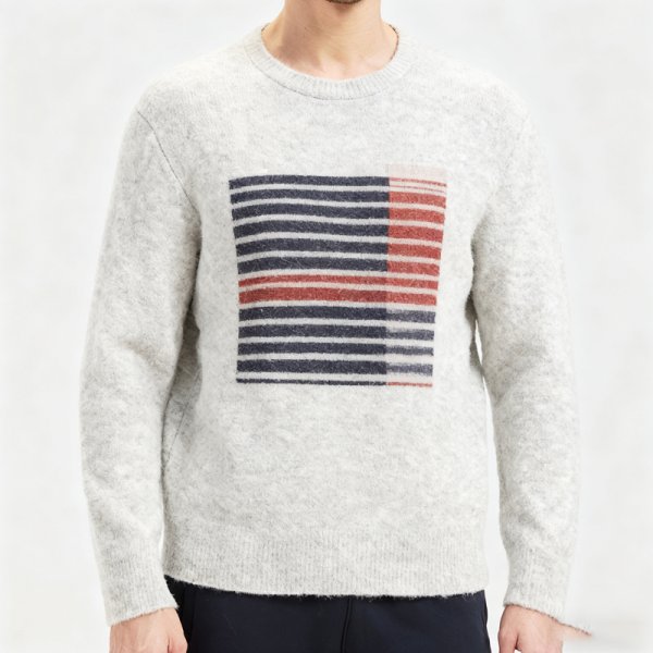Men's Light Grey Crew Neck Sweater with Striped Square Print