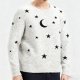 Men's Light Grey Crew Neck Sweater with Moon and Stars Print