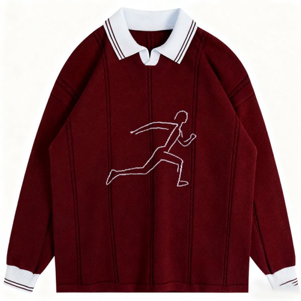 Women's Burgundy Polo Collar Sweater - "RHYTHM" Embroidered Graphic
