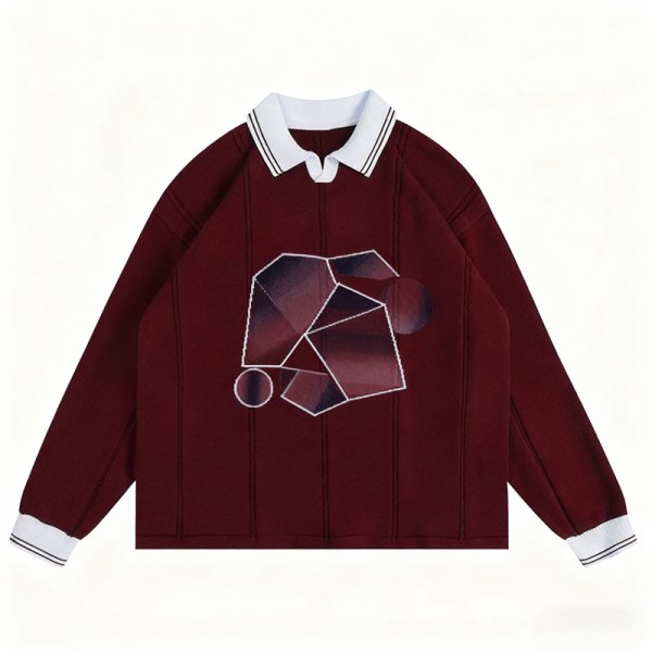 Women's Burgundy Polo Collar Sweater - "MOMENT" Embroidered Graphic