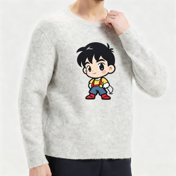 Men's Light Grey Crew Neck Sweater with Cartoon Character Graphic