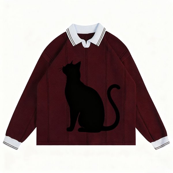 Women's Burgundy Polo Collar Sweater - "WAVE" Embroidered Graphic