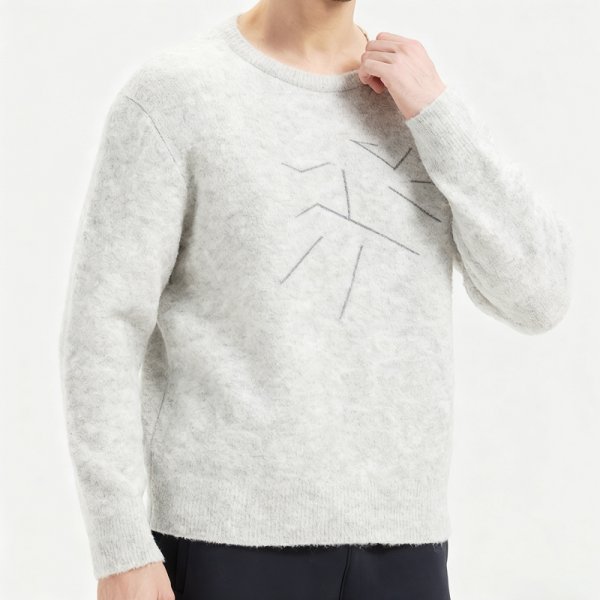 Men's Light Grey Crew Neck Sweater with Abstract Geometric Print