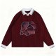 Women's Burgundy Polo Collar Sweater - "MOMENT" Embroidered Graphic