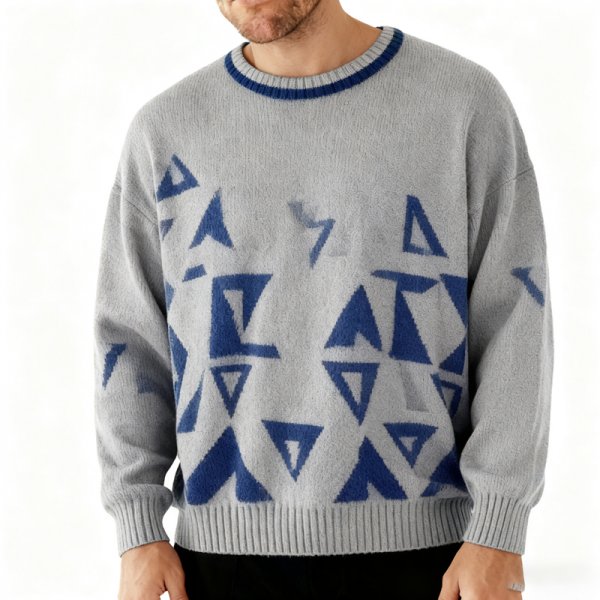 Cobalt Blue Geometric Patchwork Crew Neck Sweater
